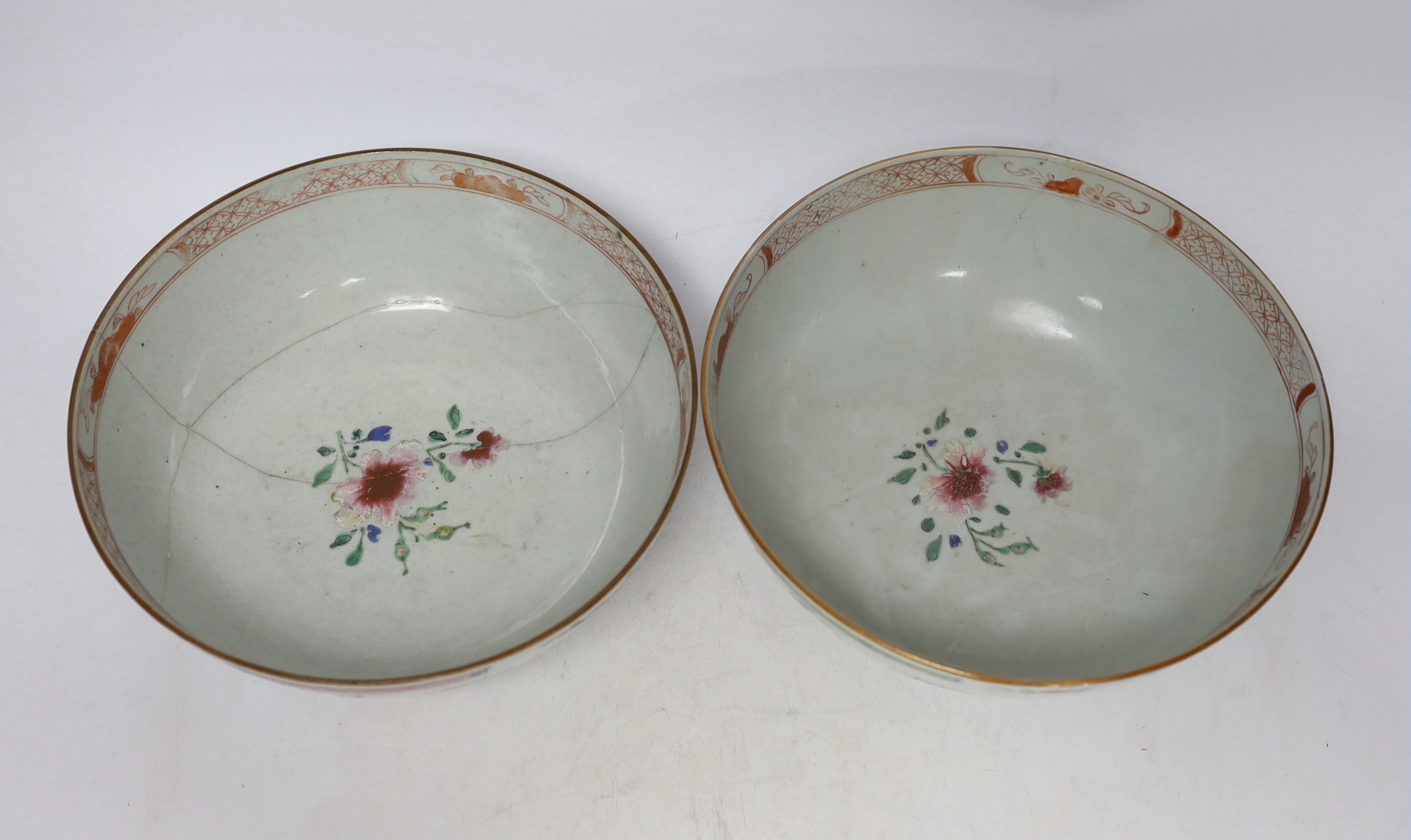 Two 18th century Chinese export famille rose bowls, 23.5cm diameter